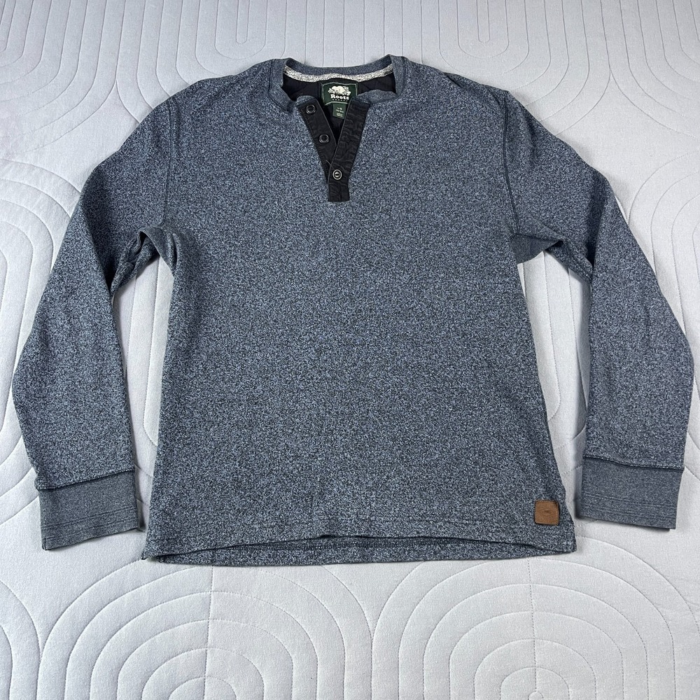 Roots Canada Men's Large Heather Blue Long Sleeve Henley Pullover 100% Cotton